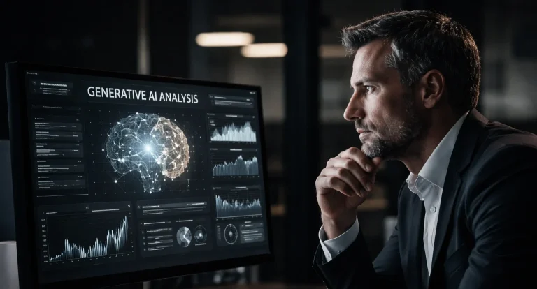 Mann in Anzug betrachtet Datenanalysen auf einem Computerbildschirm.