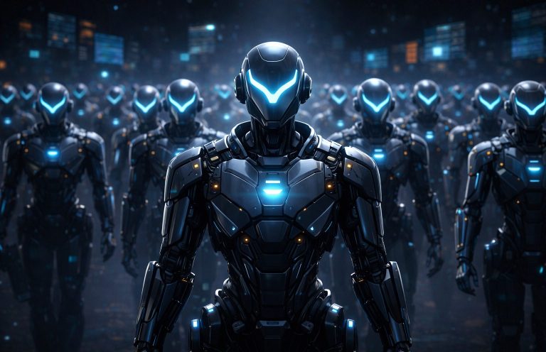 Gruppe futuristischer Roboter in dunkler Umgebung mit leuchtenden blauen Elementen.