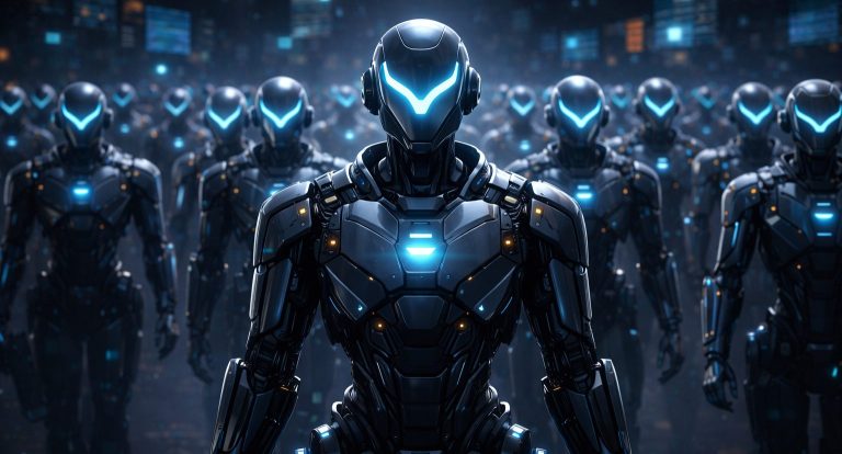 Reihe von humanoiden Robotern mit leuchtenden blauen Augen und futuristischem Design.