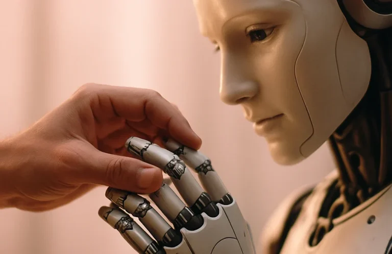 Eine Hand berührt die Finger eines menschlich aussehenden Roboters.