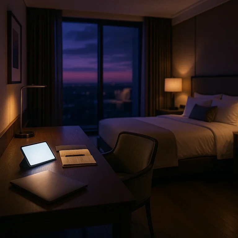 Ein schickes Hotelzimmer bei Nacht mit einem beleuchteten Schreibtisch und Fensterblick.