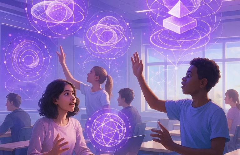 Kinder interagieren mit holografischen Darstellungen von geometrischen Formen und Konzepten.