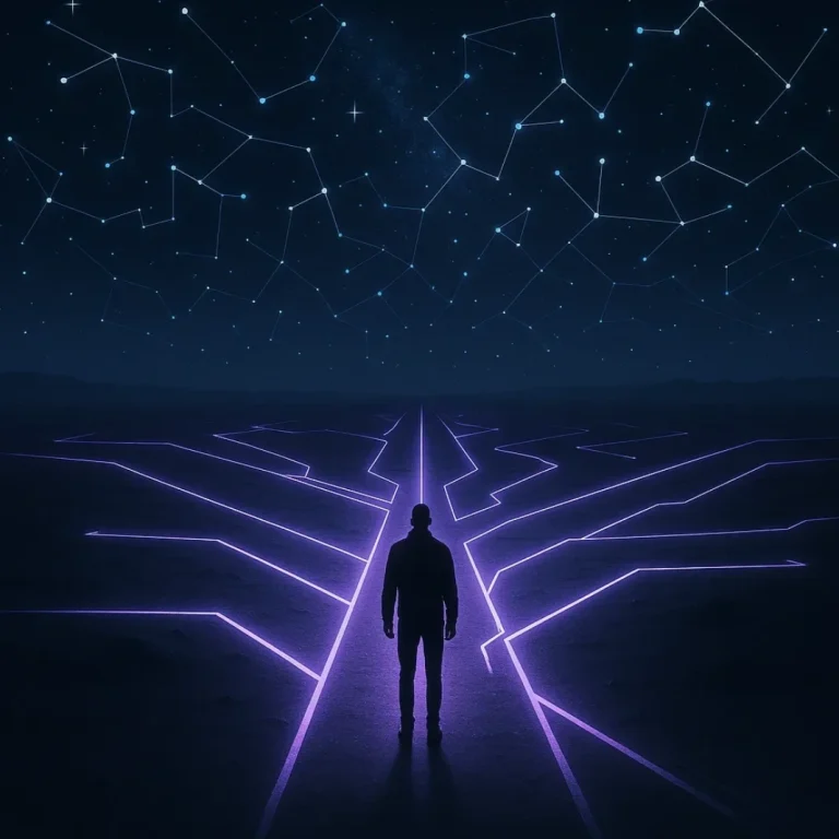 Silhouette einer Person auf einem leuchtenden, digitalen Pfad unter einem sternenübersäten Himmel.
