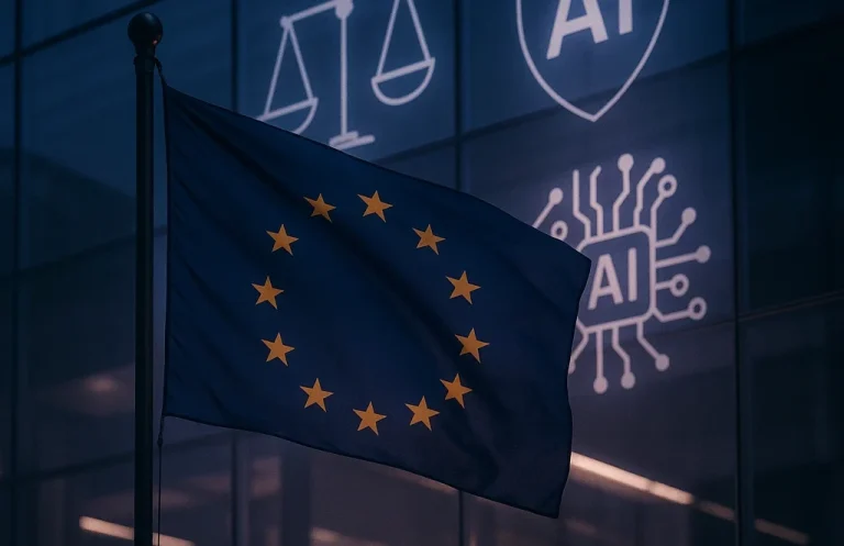EU-Flagge vor Gebäudewand mit Symbolen für KI und Rechtsprechung.