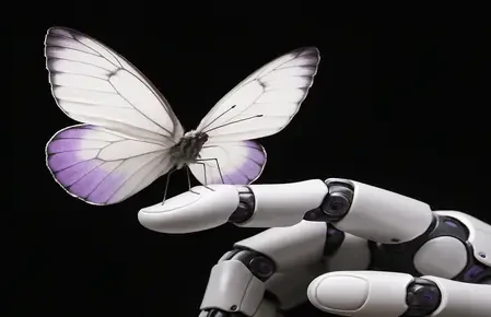 Ein Roboterfinger berührt einen Schmetterling mit weißen und lila Flügeln.