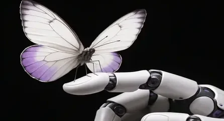 Eine weiße Schmetterlingsflügel fliegen über einer humanoiden Roboterhand.