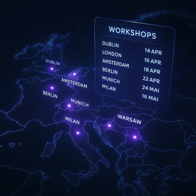 Karte von Europa mit Städten und Terminen für Workshops.