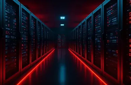 Dunkler Serverraum mit leuchtend roten Akzenten und hohen Regalen voller Server.