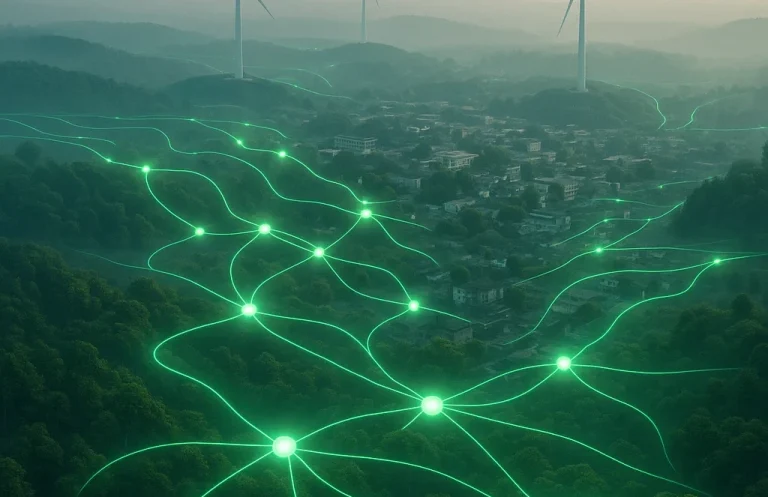 Stadtansicht mit grünen Vernetzungsmustern und Windkraftanlagen im Hintergrund.