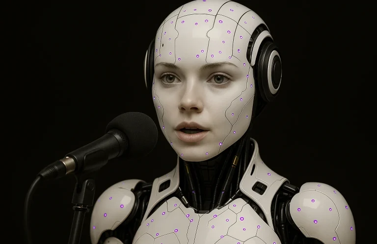Humanoider Roboter mit glattem Gesicht und Mikrofon, schaut direkt nach vorn.