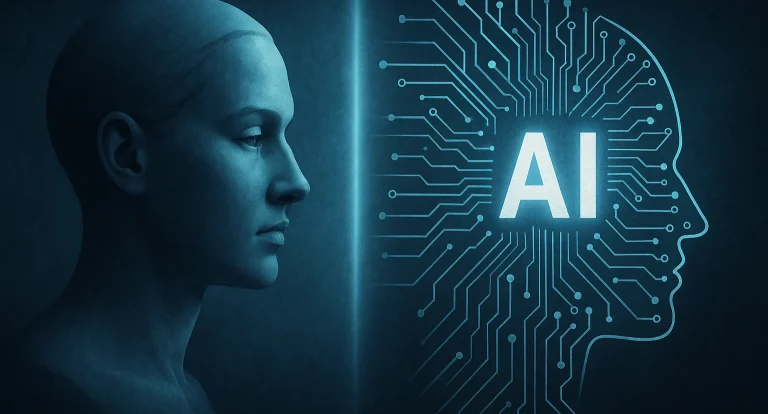 Profil eines menschlichen Kopfes neben der Darstellung von Künstlicher Intelligenz.