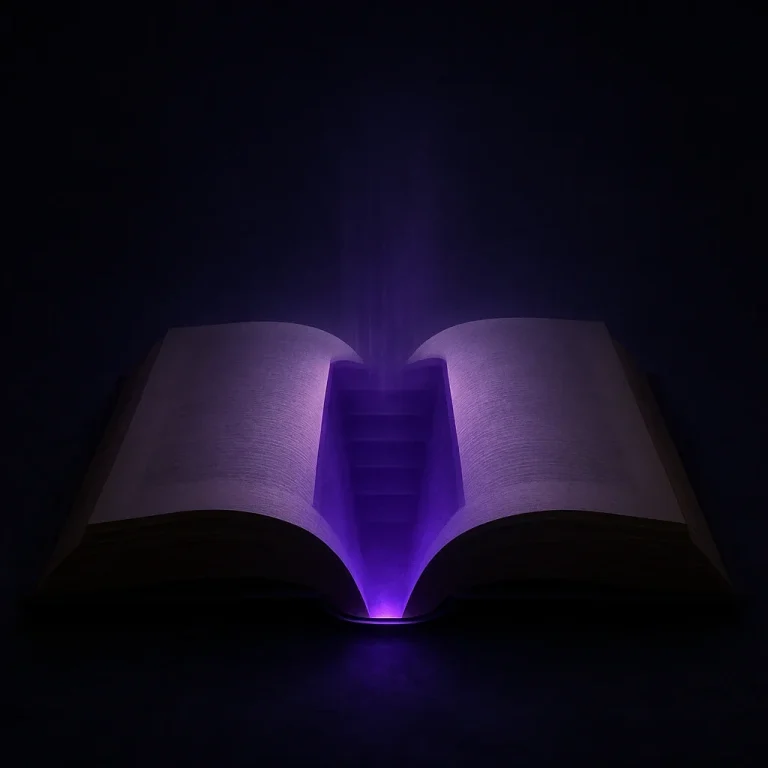 Ein aufgeschlagenes Buch mit lila Lichtstrahlen, die nach oben emanieren.